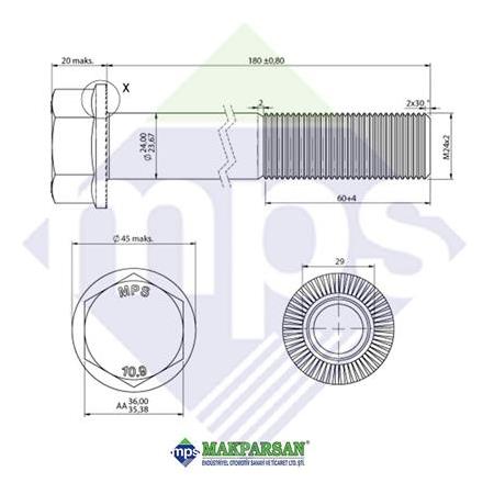 M24x2.0x180 AXOR-TGA ÖN MAKAS CİVATASI FLANŞLI TIRTILLI 10.9 / 308765024011