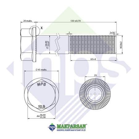 M24x2.0x130 BUGİ KOL CİVATASI FLANŞLI TIRTILLI 10.9 / 308765024015