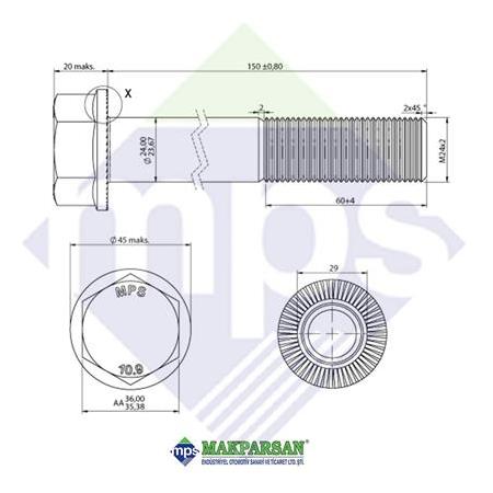 M24x2.0x150 AXOR-TGA ÖN KÜPE CİVATASI FLANŞLI TIRTILLI 10.9 / 308765024014