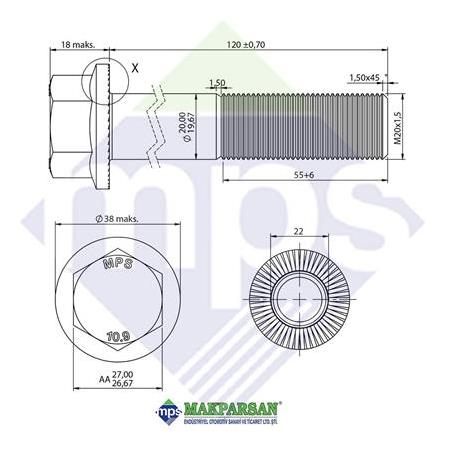 M20x1.5x120 BUGİ KOL CİVATASI FLANŞLI TIRTILLI 10.9
