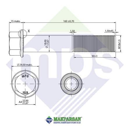 M18x1.5x160 ŞASİ CİVATASI FLANŞLI TIRTILLI 10.9